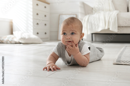 Fotografie Cute baby crawling on floor at home