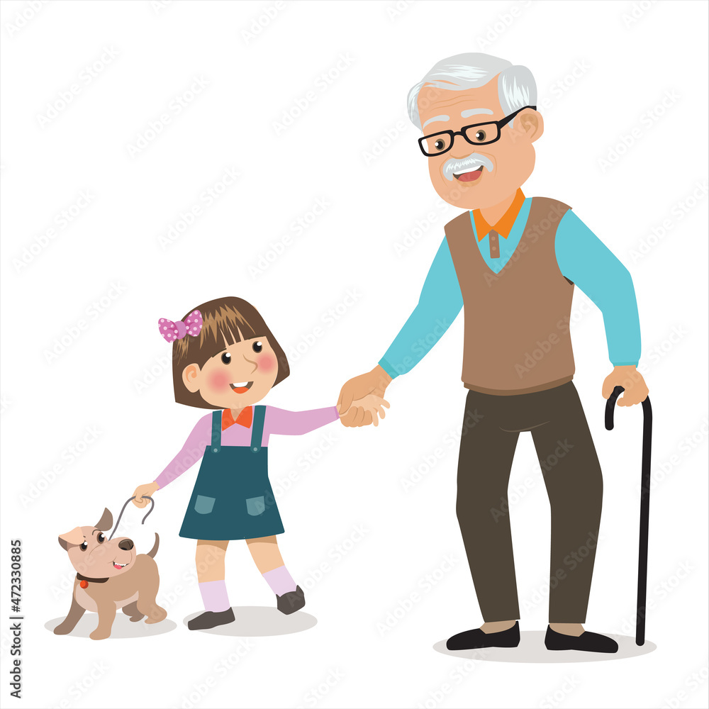 grandson walking with her grandfather with baby dog, Grandparents and grandchildren.hand in hand.Happy grandparents with their grandchildren taking a walk. vector,