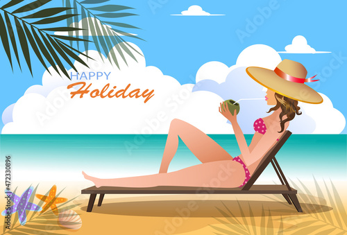 Young woman relaxing on private beach on paradise island, luxurious holidays, tourist with coconut drinks sitting near the sea
