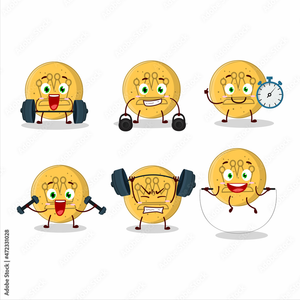 A healthy dalgona candy king cartoon style trying some tools on Fitness center A healthy dalgona candy king cartoon style trying some tools on Fitness center