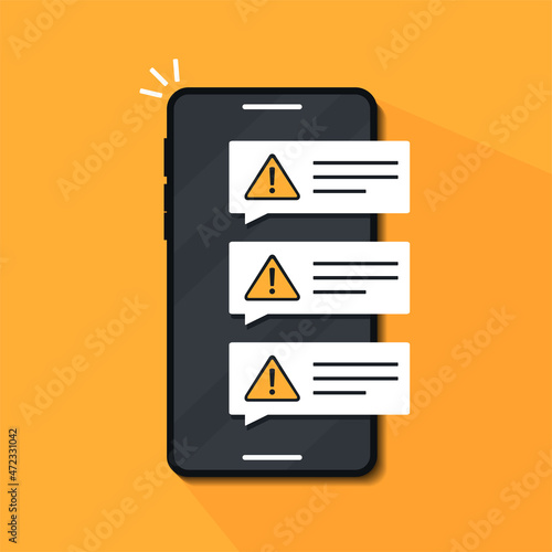 Phone alert,  warning, alarm, danger symbol notification. Smartphone with exclamation mark. Illustration vector
