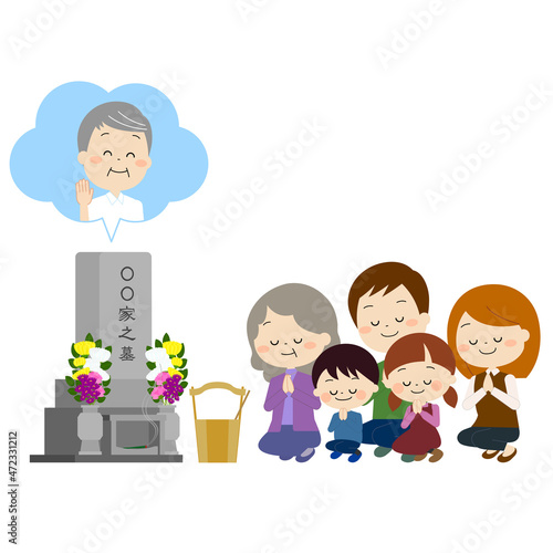 おじいちゃんのお墓参りをする家族（秋冬)