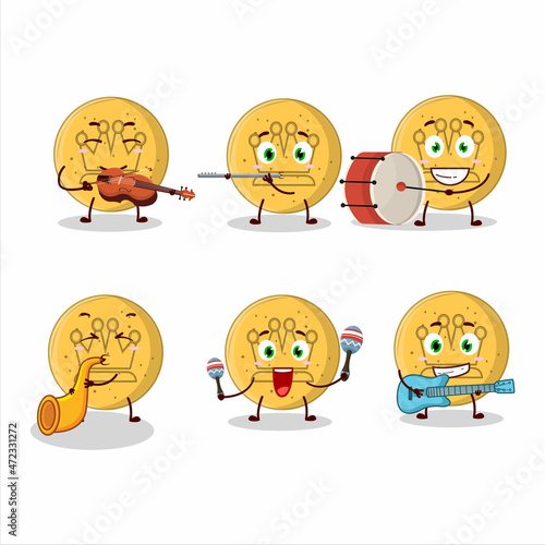 Cartoon character of dalgona candy king playing some musical instruments