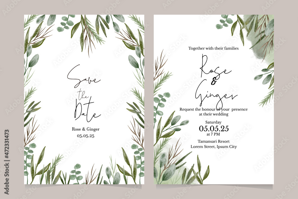 wedding invitation with green leaves watercolor digital drawing