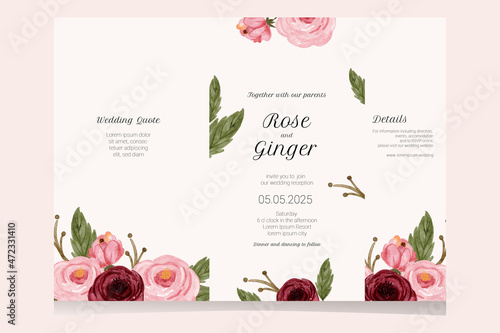 wedding invitation set with rustic  rose flower watercolor