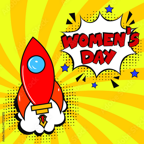 Happy women's day. comic book explosion with text - women's day. 8 march happy women's day, international holiday. Pop art chat wow text box cloud. Greeting sticker label woman's mothers day.