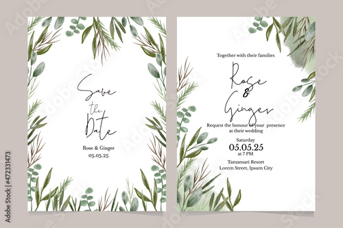 wedding invitation with green leaves watercolor digital drawing