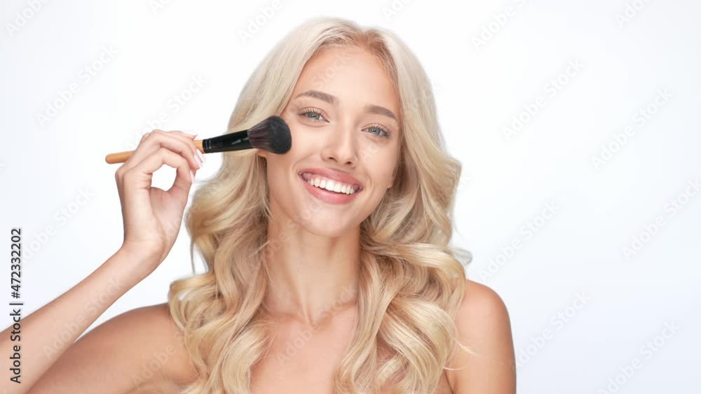 Cute girlfriend date party use brush rouge isolated white color background Cute girlfriend date party use brush rouge isolated white color background