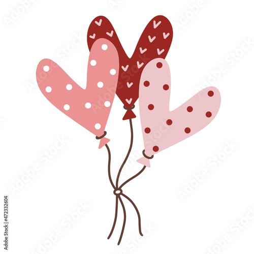 Three heart shaped balloons vector icon isolated on white background. Hand-drawn holiday illustration. Red, pink polka dot elements tied with a ribbon. Flat concept for valentine's day.