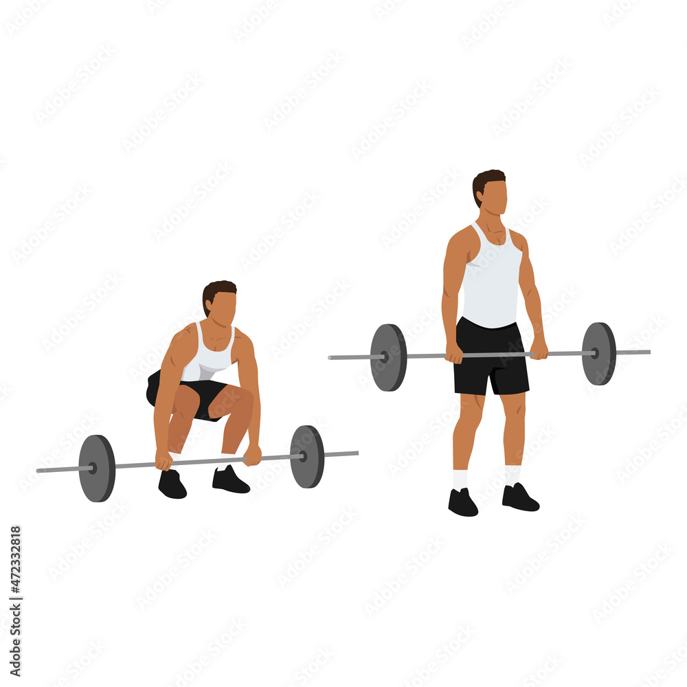 Man doing Barbell deadlifts exercise. Flat vector illustration isolated on white background Man doing Barbell deadlifts exercise. Flat vector illustration isolated on white background