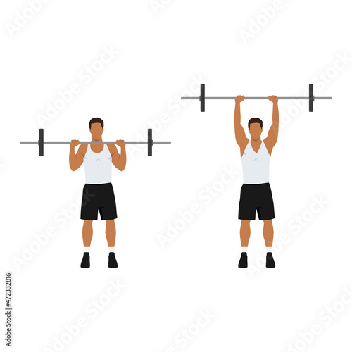 Man doing Overhead barbell shoulder press exercise. Flat vector illustration isolated on white background