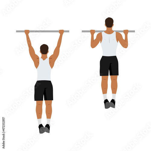 Man doing pull ups exercise. Flat vector illustration isolated on white background
