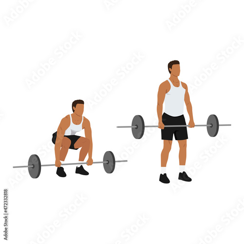 Man doing Barbell deadlifts exercise. Flat vector illustration isolated on white background