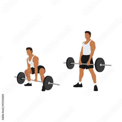 Man doing Sumo Barbell deadlifts exercise. Flat vector illustration isolated on white background