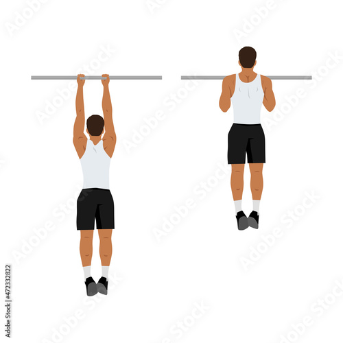 Man doing chin-ups workout. Fitness and bodybuilding exercise in the gym. Healthy and active lifestyle. Isolated vector illustration in cartoon style