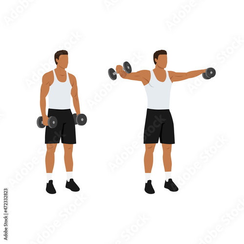 Man doing Lateral side shoulder dumbbell raises. Power partials exercise. Flat vector illustration isolated on white background
