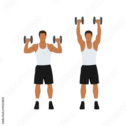 Man doing Overhead dumbbell shoulder press exercise. Flat vector illustration isolated on white background
