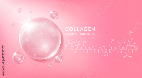 Drop water collagen pink  and structure. Vitamin solution complex with Chemical formula from nature. Beauty treatment nutrition skin care design. Medical and scientific concepts. 3D Realistic Vector E
