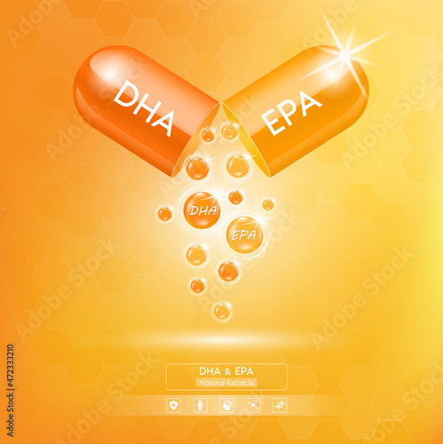 Fish oil vitamin and omega 3 DHA EPA golden orange in capsule supplemental, benefits of pills improving mental, heart, eyes, bones health, lower cholesterol. Medicine Concepts. 3D Realistic Vector.