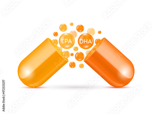 Fish oil vitamin and omega 3 DHA EPA golden orange in capsule supplemental, benefits of pills improving mental, heart, eyes, bones health, lower cholesterol. Medicine Concepts. 3D Realistic Vector.