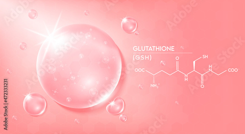 Drop water glutathione pink and structure. Vitamin solution complex with Chemical formula from nature. Beauty treatment nutrition skin care design. Medical and scientific concepts. 3D Realistic Vector photo