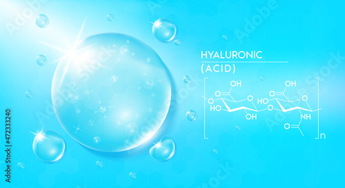 Drop water hyaluronic acid blue and structure. Vitamin solution complex with chemical formula from nature. Beauty treatment nutrition skin care. Medical and scientific concepts. 3D Realistic Vector.