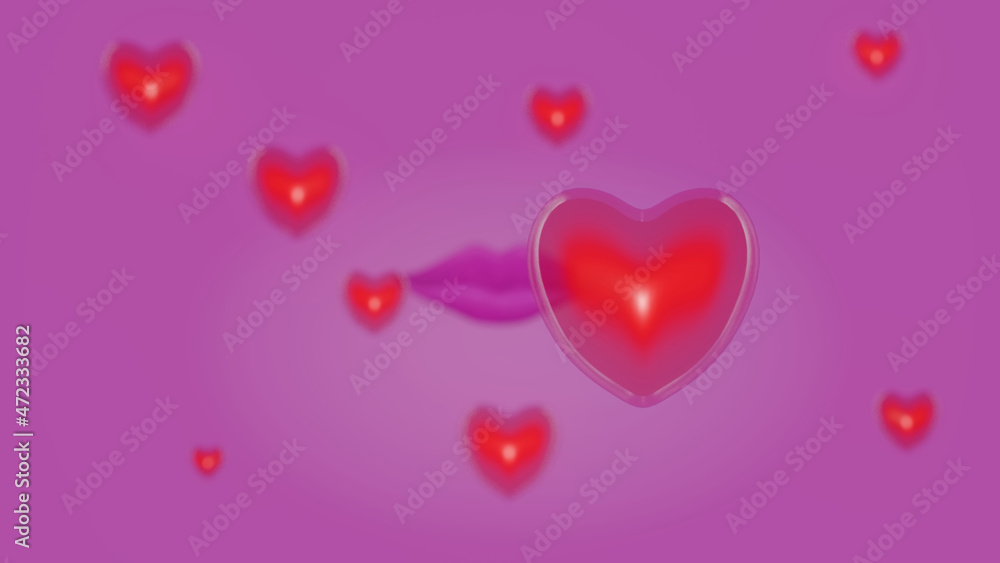 Red transparent hearts are sprouting from a pink lips with gradient blur pink background (3D Rendering)