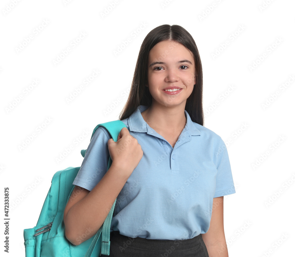 Teenage girl in school uniform with backpack on white background Teenage girl in school uniform with backpack on white background