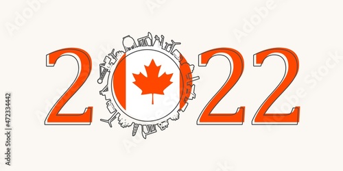 2022 year number with industrial icons around zero digit. Flag of Canada.