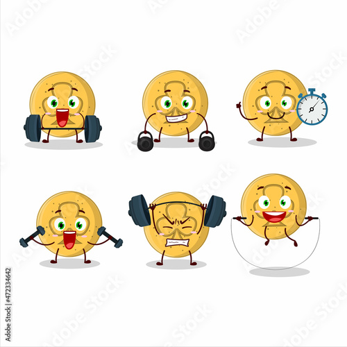 A healthy dalgona candy trefoils cartoon style trying some tools on Fitness center