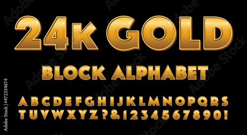 A 24 karat gold effect block alphabet with 3d effects and wavy line detailing. A bold heavy font style that exudes wealth and luxury.