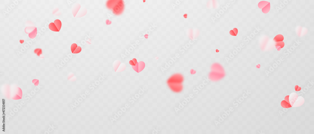 abstract background I adore On a white background, huge and small pink hearts are sprinkled for Valentine's Day.