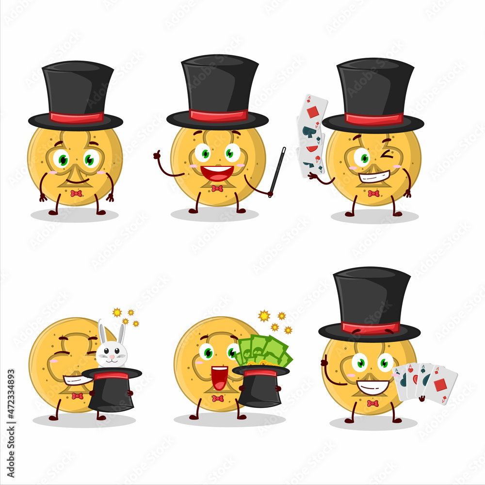 A dalgona candy trefoils Magician cartoon character perform on a stage A dalgona candy trefoils Magician cartoon character perform on a stage