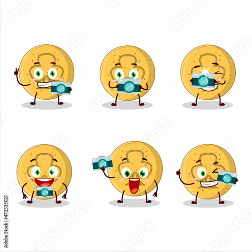 Photographer profession emoticon with dalgona candy trefoils cartoon character