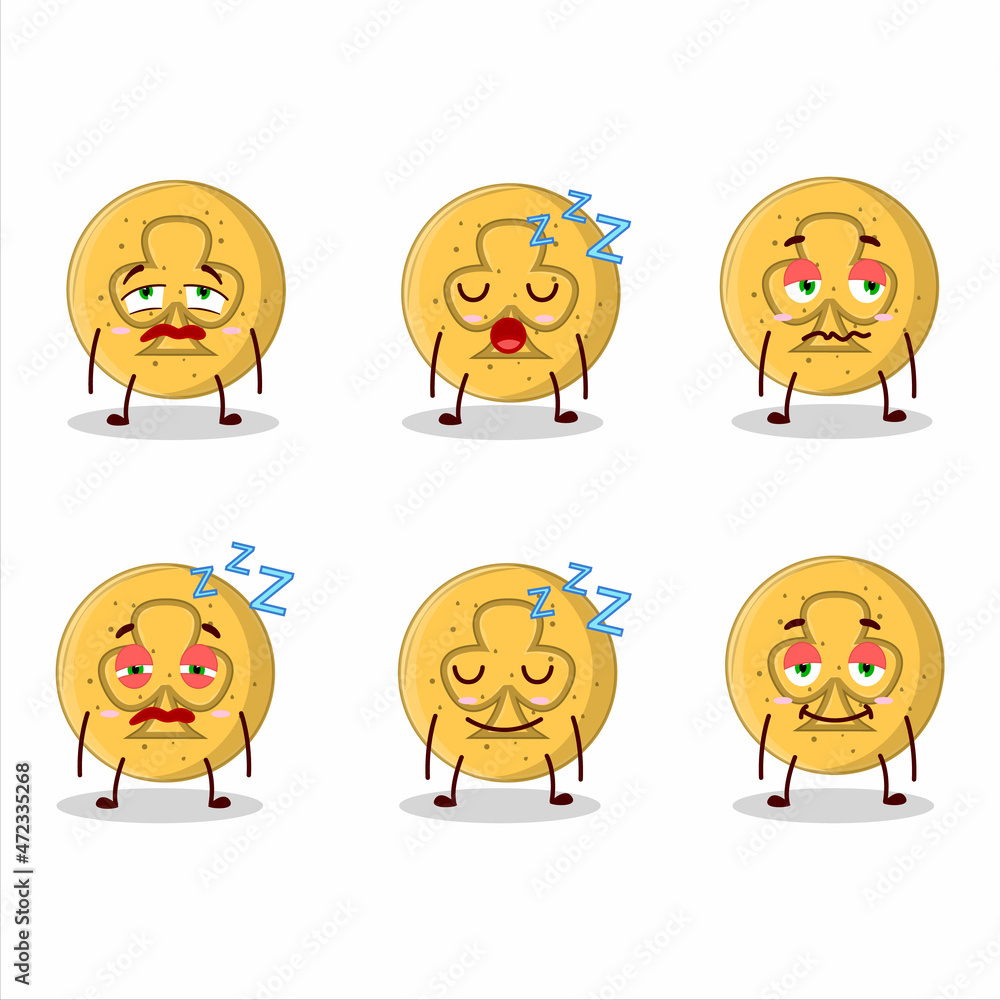 Cartoon character of dalgona candy trefoils with sleepy expression Cartoon character of dalgona candy trefoils with sleepy expression