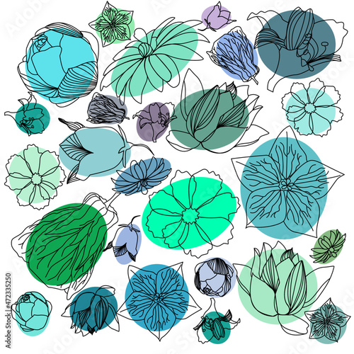 Different flowers in colourful rounds isolated on white in digital doodle technique vector graphic 