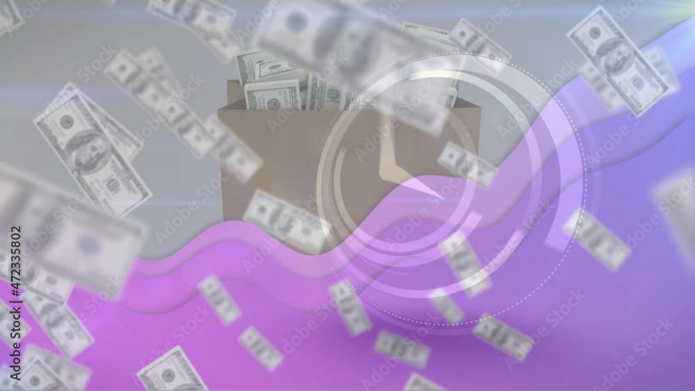Animation of purple wave over american dollar bills and clocks ticking
