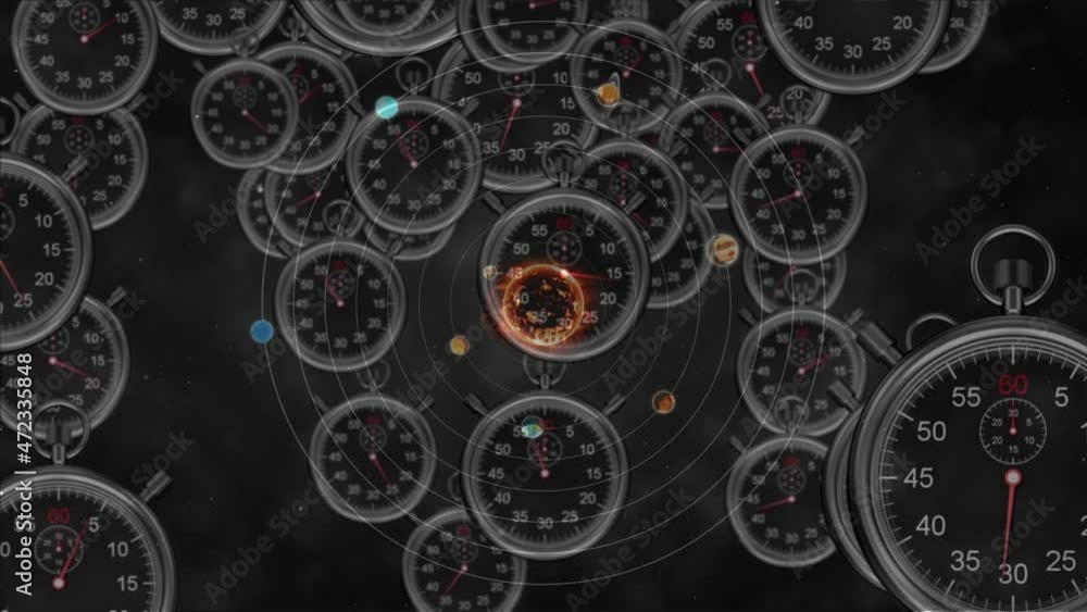 Animation of solar system, planets and space over clocks ticking Animation of solar system, planets and space over clocks ticking