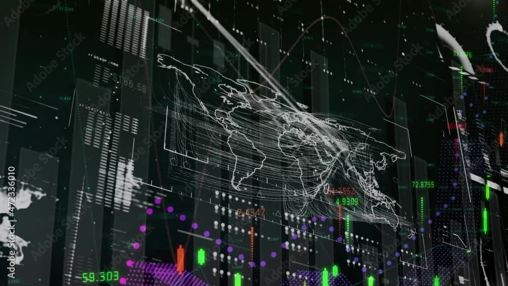Animation of statistics and data processing over world map Animation of statistics and data processing over world map