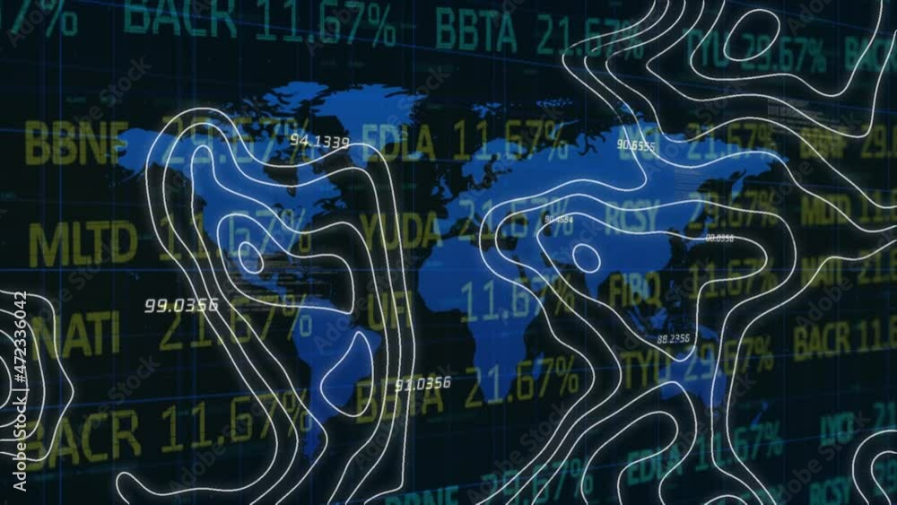 Animation of white lines over financial data processing over world map Animation of white lines over financial data processing over world map