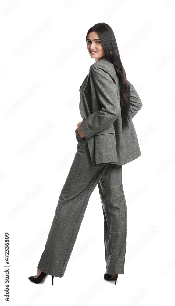 Full length portrait of beautiful woman in formal suit on white background. Business attire Full length portrait of beautiful woman in formal suit on white background. Business attire