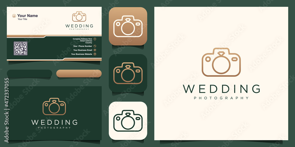 Fototapeta premium wedding photo logo, ring with camera design vector simple elegant modern style.