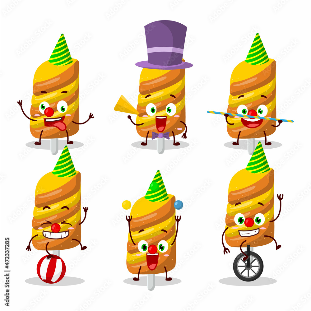 Cartoon character of gummy candy orange with various circus shows Cartoon character of gummy candy orange with various circus shows