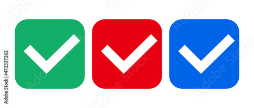 Set of green, red, and blue check mark icons. Vectors to represent permission and confirmation.