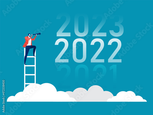 Business vision with binoculars for opportunities in spyglass on 4Q  of 2020,2021,2022,2023  the target futher