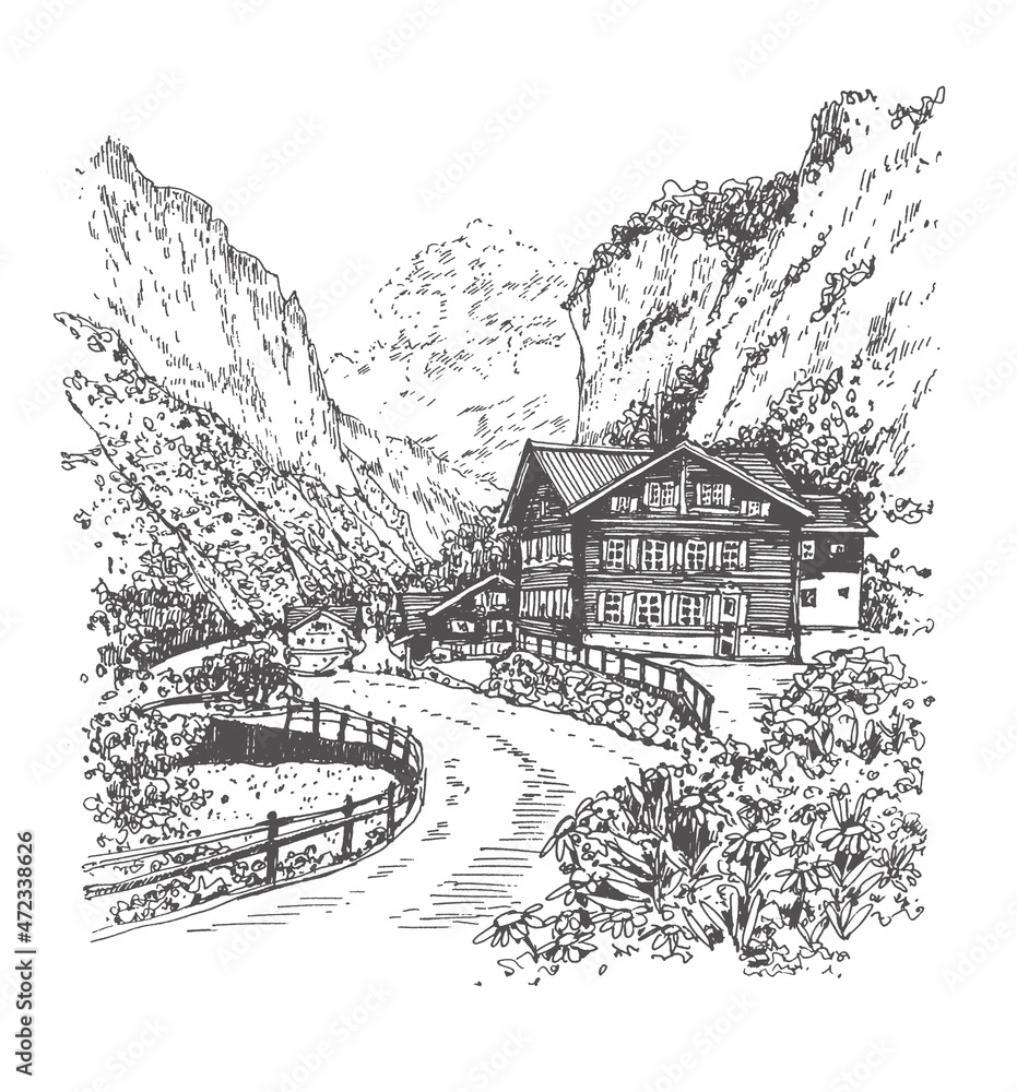 Liner sketch of Lauterbrunnen in the canton of Bern in Switzerland, Graphic illustration of the village in the Alpine. Sketch in black color isolated on white background. Hand drawn travel postcard.