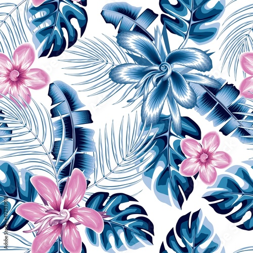 modern abstract seamless pattern with colorful tropical monstera palm leaves and pink abstract hibiscus flower, frangipani plant foliage on white background. Vector design. Floral background. summer