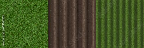 Game textures of green lawn, plowed farm field and grass meadow seamless patterns top view. Realistic textured backgrounds of soil, land, summer natural surface ui or gui layers 3d vector illustration
