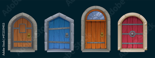 Set of castle doors, cartoon dungeon or palace fairy tale gates, medieval fairytale arched entries. Exterior design elements with wood planks, forgery, glass decor and ring knobs, Vector illustration