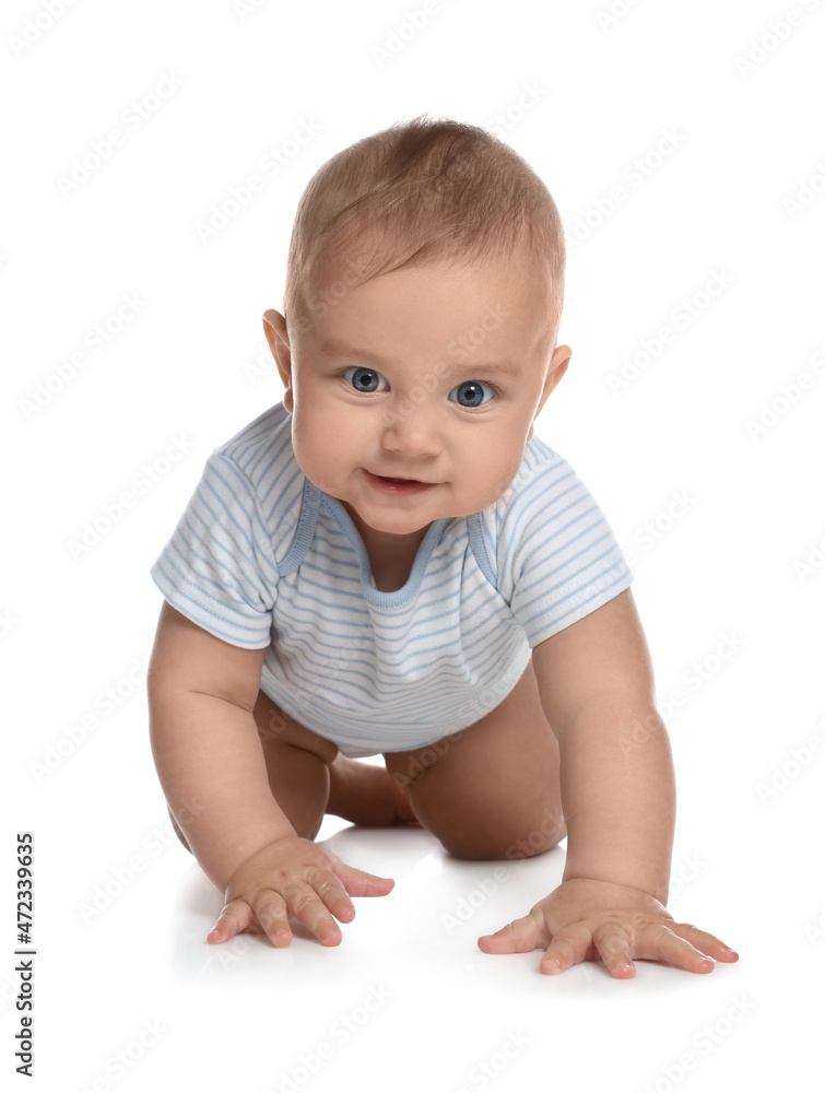 Cute little baby boy crawling on white background Cute little baby boy crawling on white background
